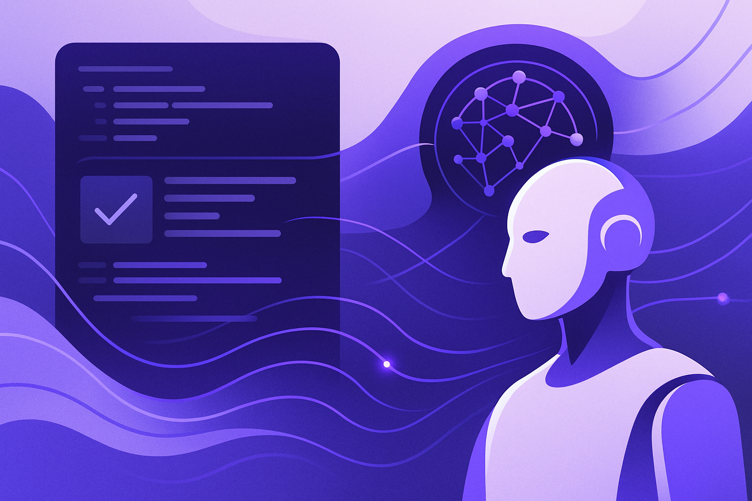 Agentic AI analyzing code review processes with neural networks and flowing data connections