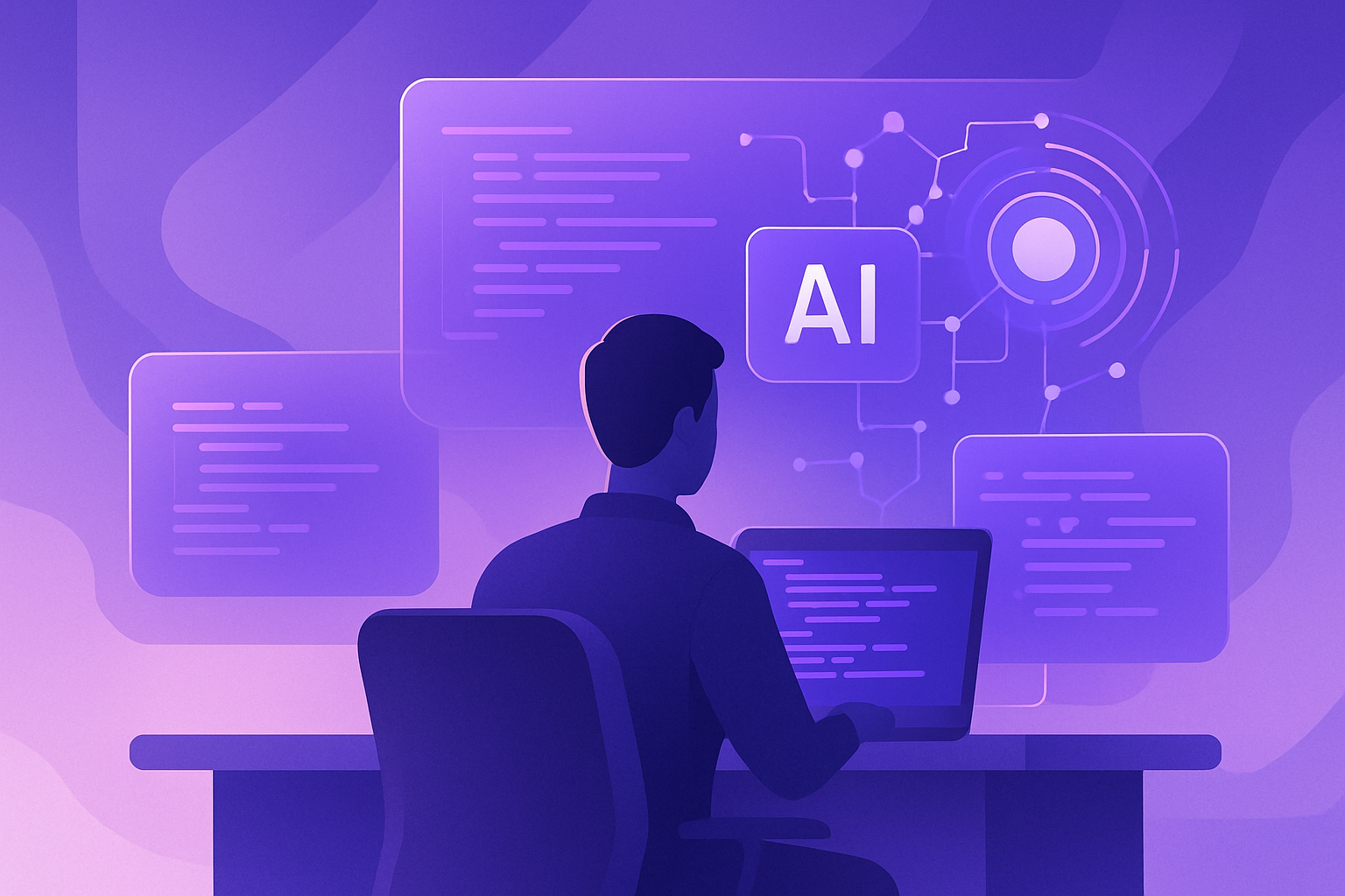 Futuristic developer workspace with AI coding tools and holographic interfaces showing the evolution of software development in 2026