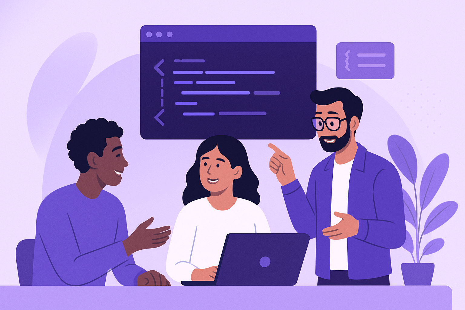 Engineering team collaborating in a psychologically safe environment, discussing code together with open body language and engaged expressions