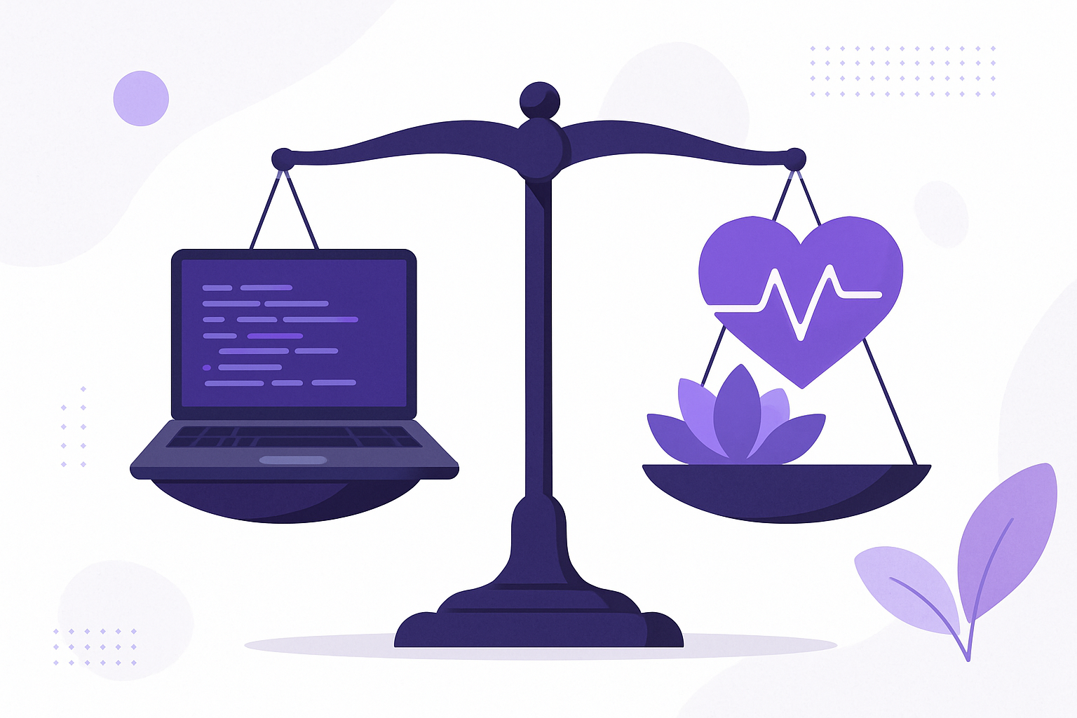 Illustration depicting work-life balance for developers with a scale showing laptop and wellness symbols
