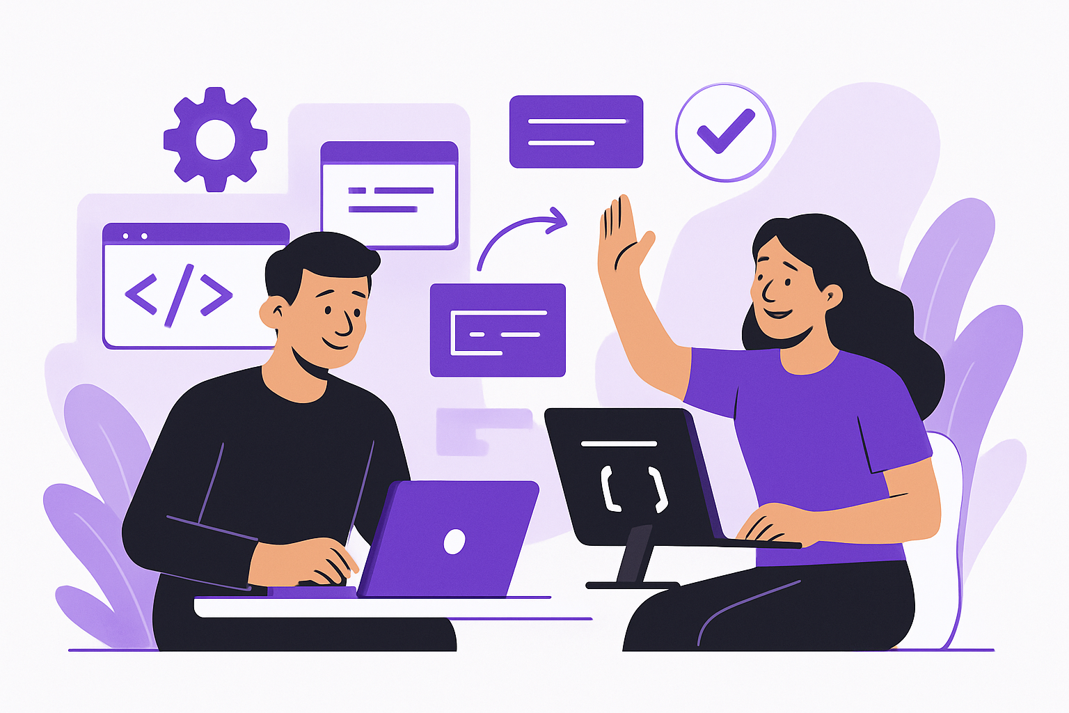 Illustration of developers working happily in an optimized environment with DevEx tools and cultural elements