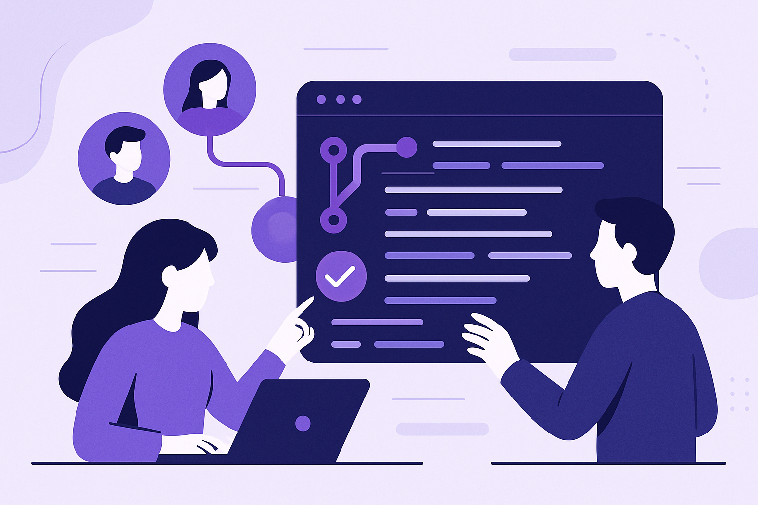 Illustration of pull request workflow showing developers collaborating on code review and merge process