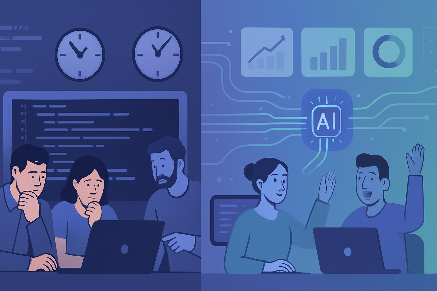 Split-screen illustration comparing manual code review inefficiencies with automated code review benefits, showing ROI metrics and time savings